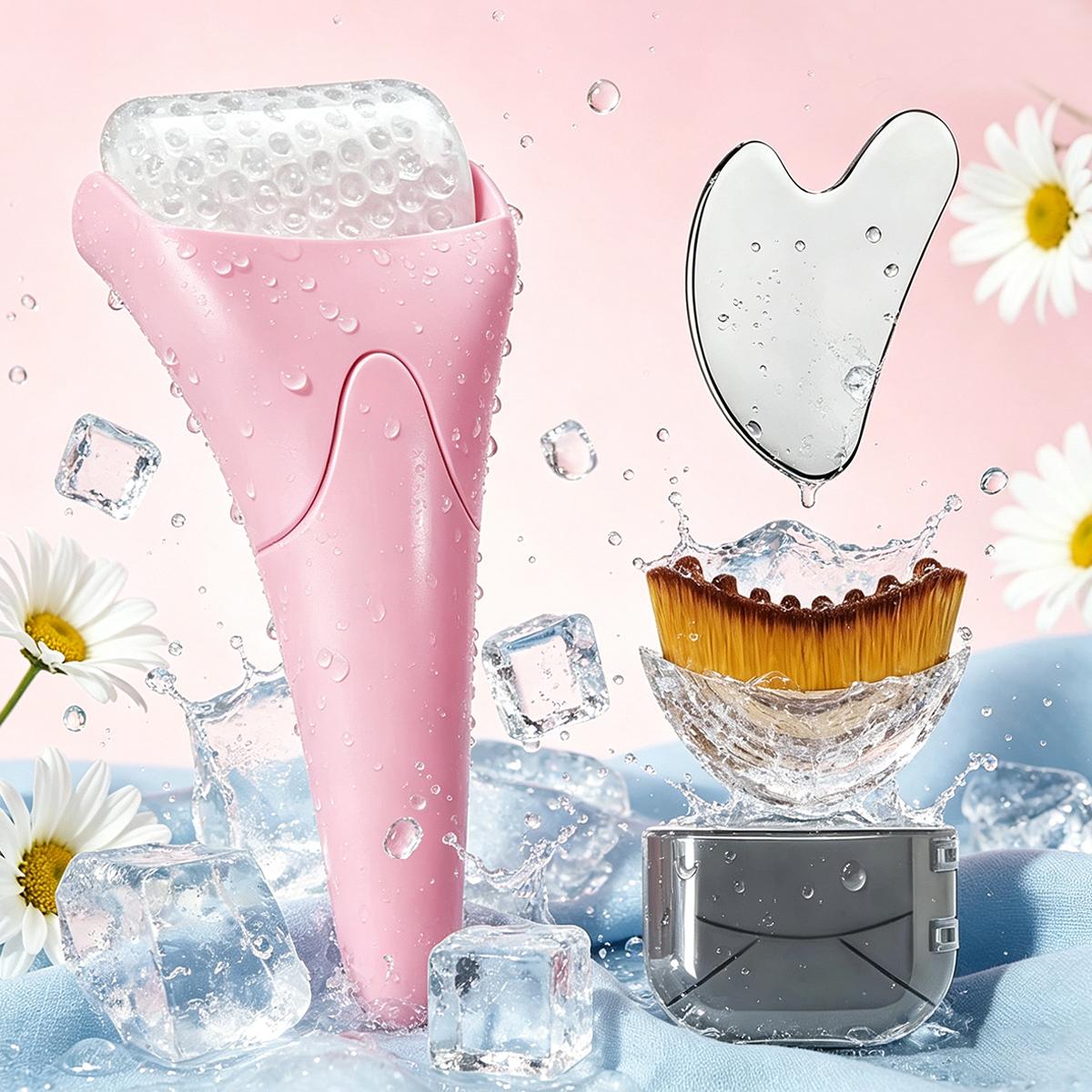 Ice Roller for Face & Eyes, Cooling Facial Massager for Puffiness, Skin Tightening & Pain Relief, with Lymphatic Contour Brush or Stainless Steel Gua Sha, At-Home Spa Skincare Tool for Women