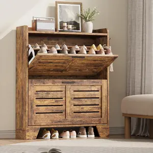 Shoe Cabinet Storage for Entryway,Slim Shoe Storage Cabinet with 2 Flip Drawers,Freestanding Hidden Narrow Shoe Organizer Cabinet with Hooks for Entrance,Foyer,Hallway,Rustic Brown