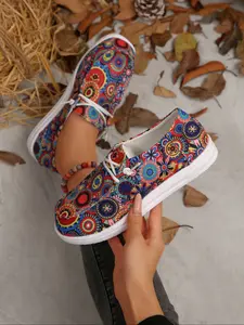 Halloween Floral Skull Print Slip-On Flats, Breathable Non-Slip Low Top Casual Shoes, Round Toe Comfortable Women's Footwear