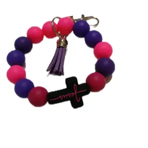 Silicone Key Ring with Lobster Claw & Tassel - Pink Purple Beads & "Jesus" Cross - Adorable Key Accessory