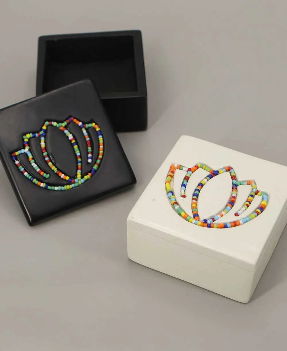 Artistic Beaded Soapstone Lotus Trinket Box, Crafted in Kenya