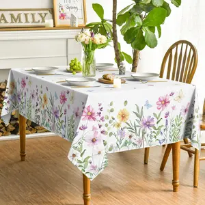 Spring Tablecloth , Wildflowers Floral Butterfly Washable Table Cover for Party Picnic Dinner Decor Disposable Christmas