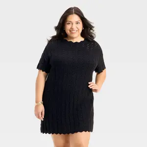 Women's Short Sleeve Pointelle Mini Sweater Dress - A New Day Black 4X