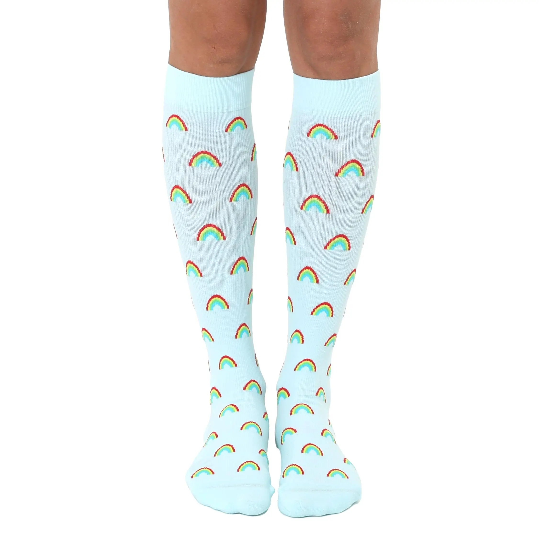 Rainbow Compression Socks | Moisture-Wicking Nylon with Padded Cushion Bottom - 15-20mmHg Graduated Support - Unisex Casual Printed Socks for Daily Wear