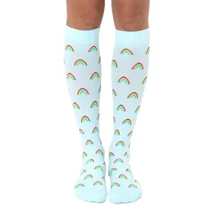 Rainbow Compression Socks | Moisture-Wicking Nylon with Padded Cushion Bottom - 15-20mmHg Graduated Support - Unisex Casual Printed Socks for Daily Wear