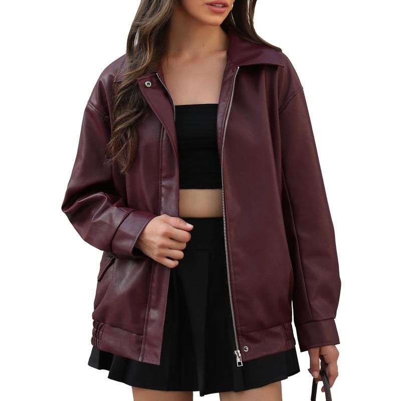 Casly Lamiit Women's Burgundy Faux Leather Jacket Long Sleeve Collared Zipper Oversized Biker Coat Trendy Travel Casual Outfits Basic Outerwear Womenswear Tops