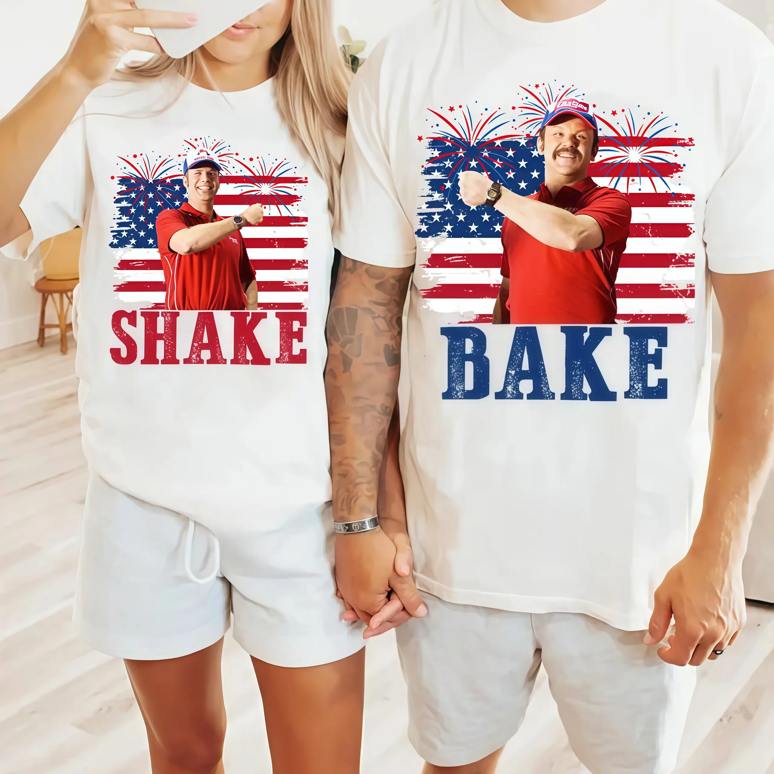 Casual Graphic T-Shirt, Unisex Shake and Bake 4th of July Print, Soft Cotton shortsleeve Crewneck for Couples, M, Outfits, Shopping