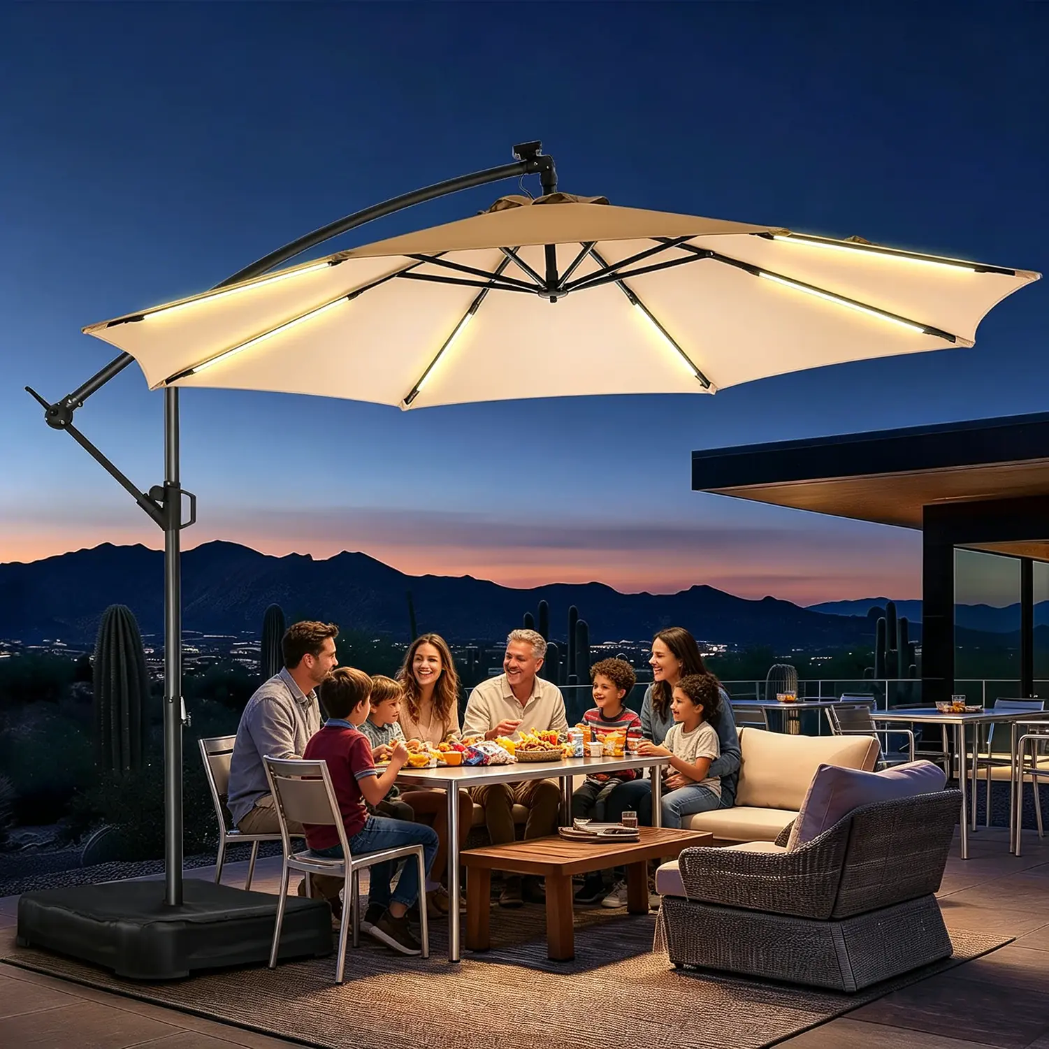 【SummerVibes】10ft Offset Outdoor Solar Patio Umbrella with Base & Solar Light, Easy Tilt & Crank, Adjustable UPF 50+ UV Protection   Outdoor   Garden , Backyard & Poolside
