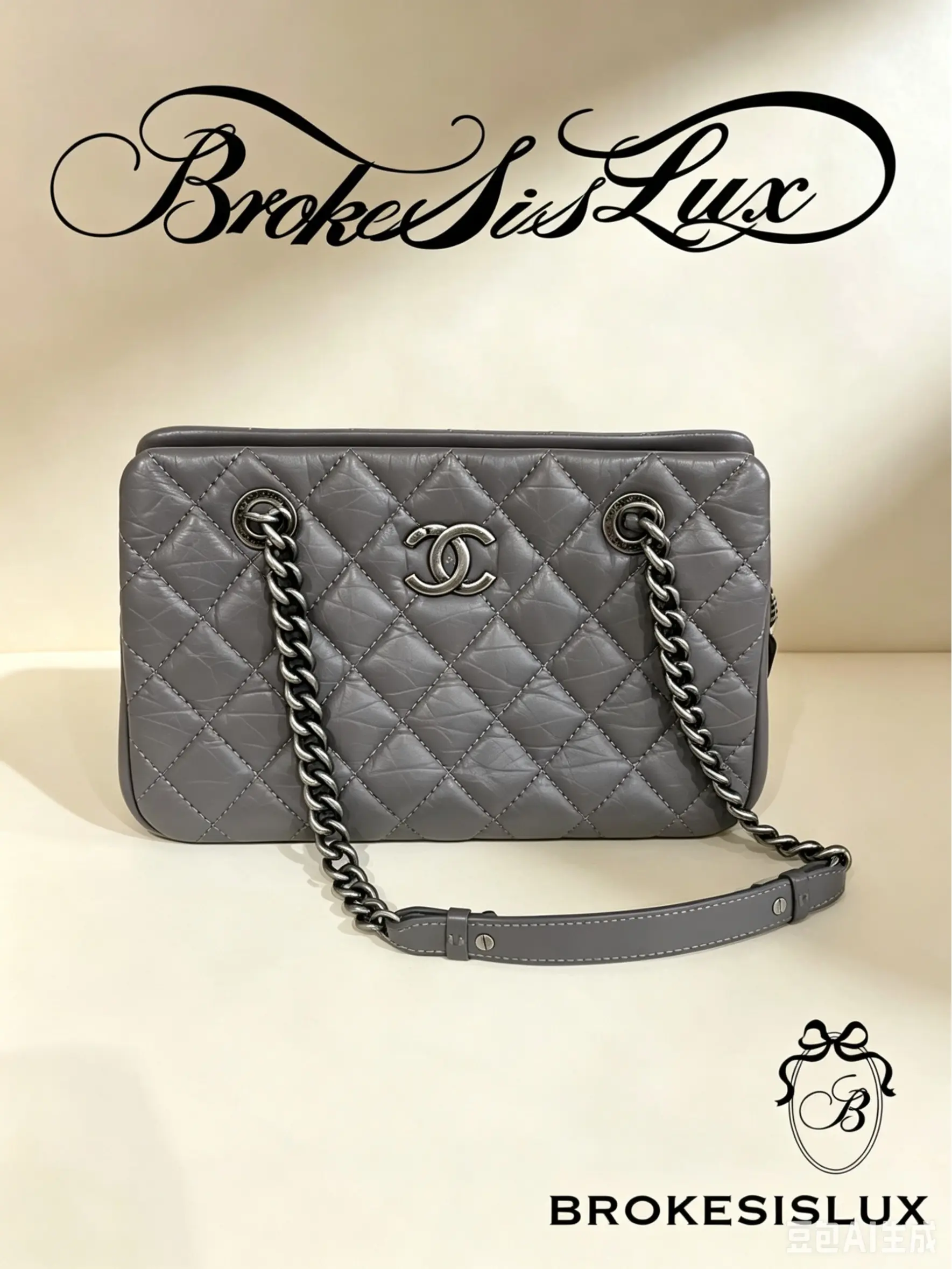 Pre-owned CHANEL Dark Grey Vintage Puffy Max Diamond Quilted Camera Bag, Aged Ruthenium Silver Hardware, 16 Cm Height, 25 Cm Width, 9 Cm
