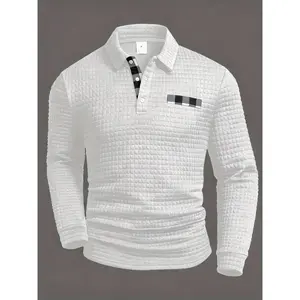 Men's Long-Sleeve Polo Shirt - Quilted Checkerboard Texture Plaid Patch Collar Casual Top