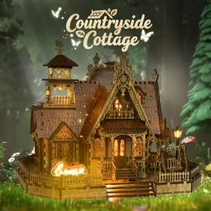 FUNPOLA Countryside Cottage Puzzle Model - DIY Miniature Building Kit with Spark LED Lights - 3D Puzzle Craft Rural Architecture Home Décor Gift for Adults