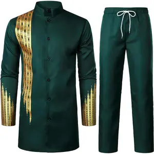 Men's Traditional Suit Long Sleeve Button up African Dashiki Shirt and Pants Ethnic 2 Piece Outfit Menswear Breathable men's 2 piece set
