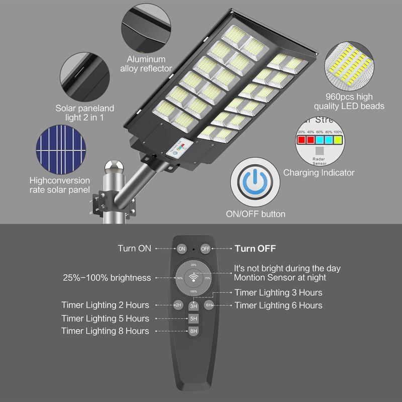 Outdoor Special 400W Solar Street Light 450000 Lumens Super Bright 3 Modes with Motion Sensor IP65 Waterproof Remote Control for Gardens Streets Yards Fall Porches Decor Suitable for Basketball Court