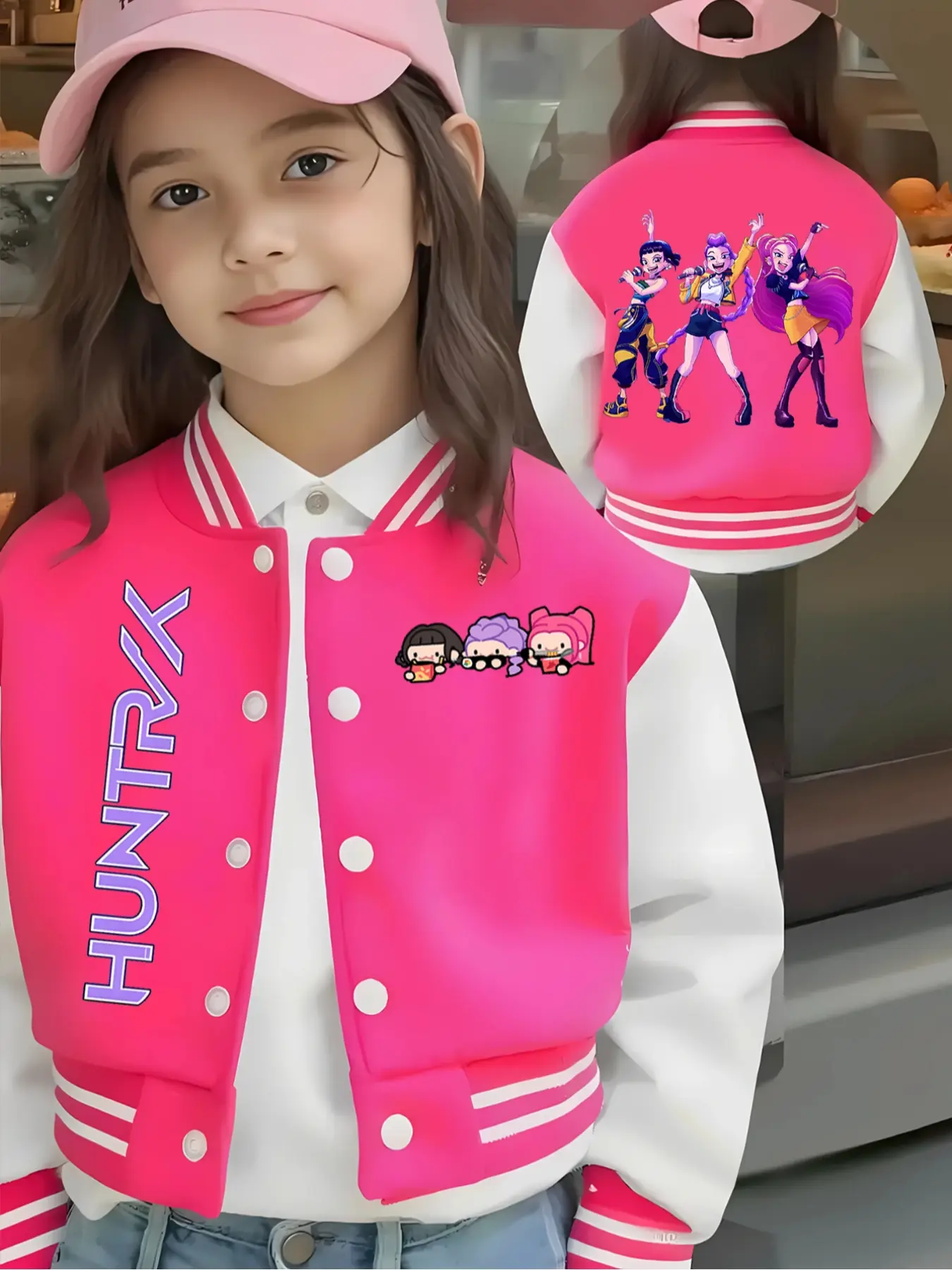 Girls' Halloween Cartoon Print Baseball Jacket, Elastic Fabric Fitted Cut Design, Casual Fall & Winter School Uniform Outerwear, Casual Cute Outerwear