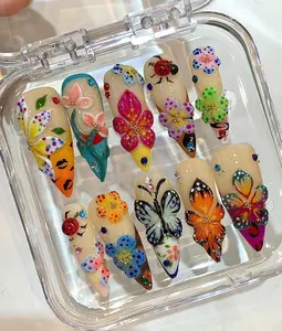 Handmade Colorful 3D Floral Garden Press On Nails, Butterfly Nail Art