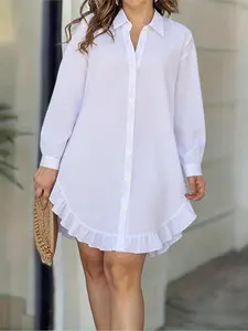 Elegant Long Sleeve Plain Ruffle Blouse Shirt for Plus Size Women, Fitted Design Conceals Belly Fat, Perfect for All Seasons