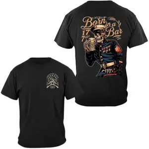 Patriotic Born in a Bar T-shirt Bold Skeleton in Uniform Graphic Design 2 Sides Casual Wear Statement Style for Men & Women