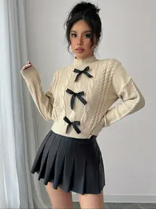 Women's Bowknot Cable Knit Sweater, Cute Long Sleeve Mock Neck Jumper, Coquette Christmas Party Outfit, Sweaters for Women Knitwear