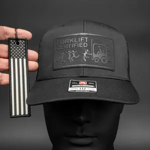 Forklift Certified Trucker Hat with American Flag Key Tag