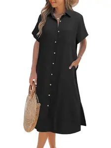 Zeagoo Women's Dress Summer Casual Short Sleeve Button Down Shirt Dress Beach Cover Up Dress with Pockets