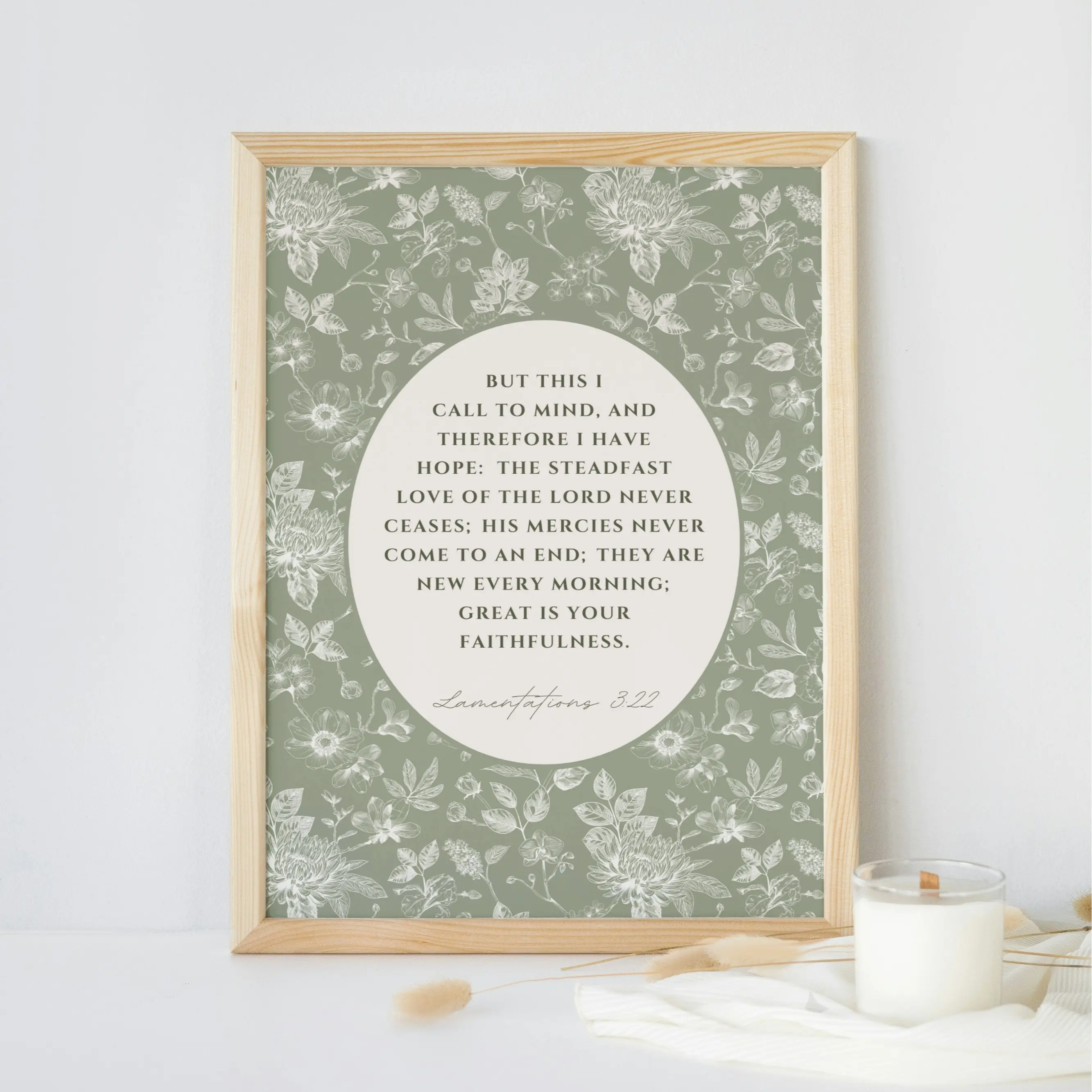 Sage Green Floral Scripture Art Print - Lamentations 3:22 Great Is Your Faithfulness Home Wall Decoration, Christian Gift for Home Decor
