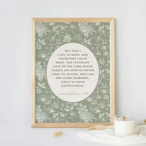 Sage Green Floral Scripture Art Print - Lamentations 3:22 Great Is Your Faithfulness Home Wall Decoration, Christian Gift for Home Decor