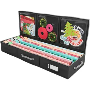 Wrapping Paper Storage Container Gift Wrap Organizer Under Bed 41”x14”x6” Box Holder for 18-24 Rolls Up to 40” 600D Oxford Material Pockets for Ribbon Bows and Accessories (Black)
