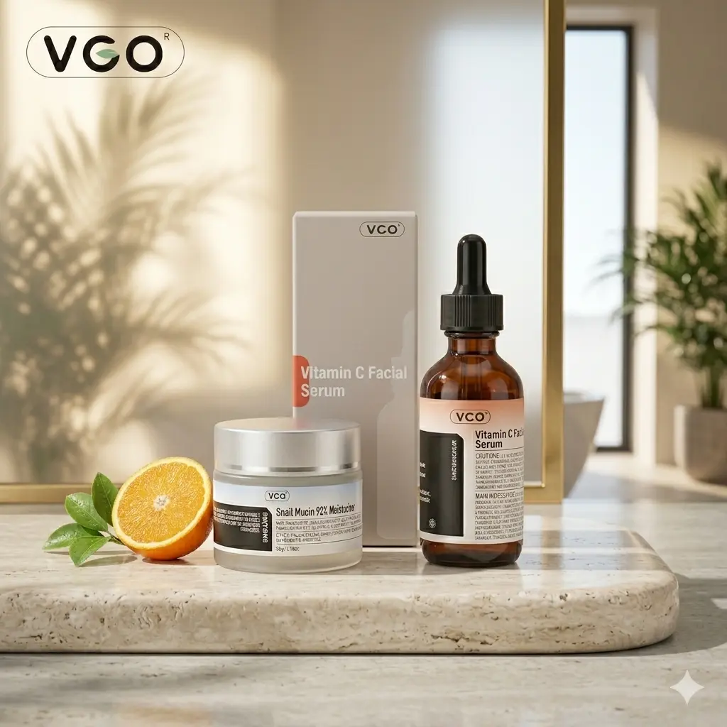 VGO Vitamin C Serum & Snail Mucin Cream Duo Set, Hydrating 2-Step Daily Skincare Routine for All Skins, Daily Care, Layered Routine, Single Item, Evening, Face Care Products, Smooth, Lightweight, Beginners, Both Morning And Nighttime Routines