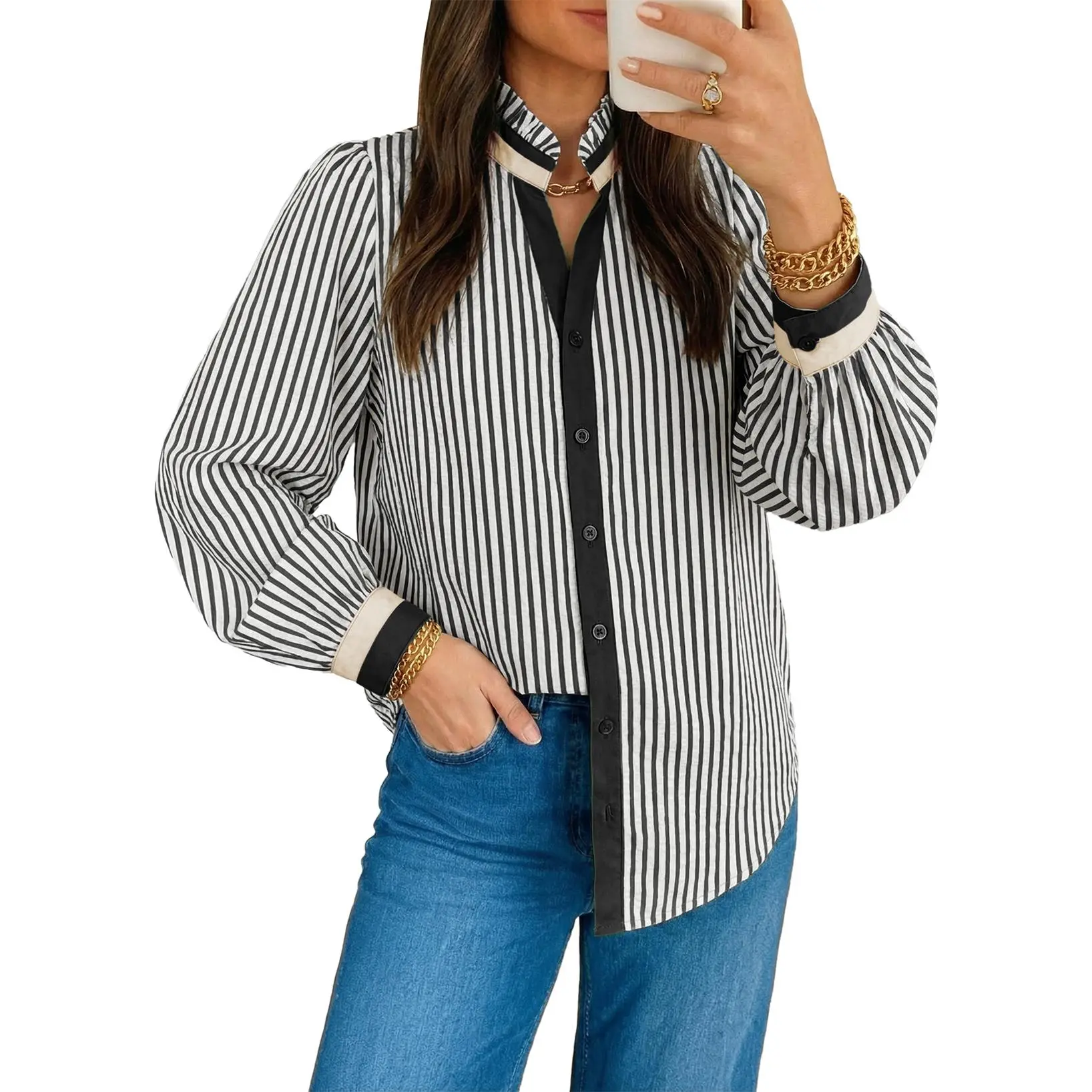Dokotoo Womens Stand Neck Striped Colorblock Button Down Shirts Long Sleeve Tops