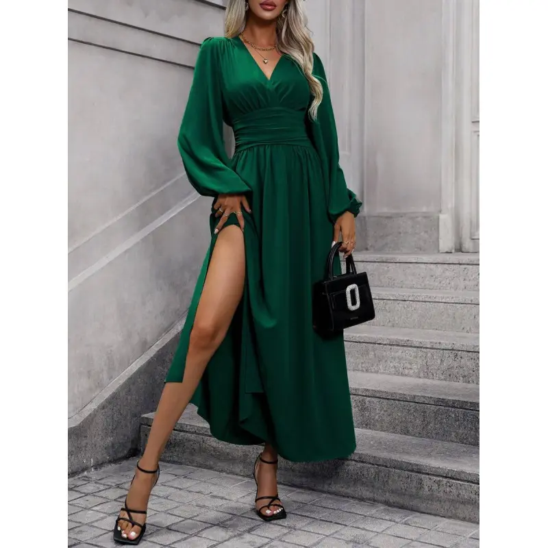 dark green and orange combination dress SSYS The Ginger Long Sleeve Maxi Dress In Hunter Velvet *FINAL SALE* main image 1