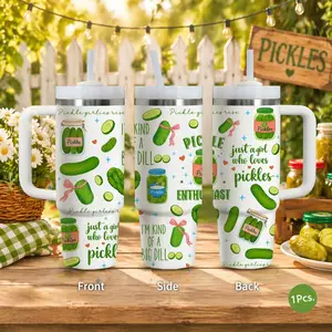 Cute Pickled Cucumber Vacuum Flasks 40oz Stainless Steel Tumbler with Handle & Straw, Vacuum Insulated Travel Mug Keeps Drinks Cold Up to 34 Hours, Leak-Resistant Cup for Iced Coffee, Water, Office, Gym or Travel