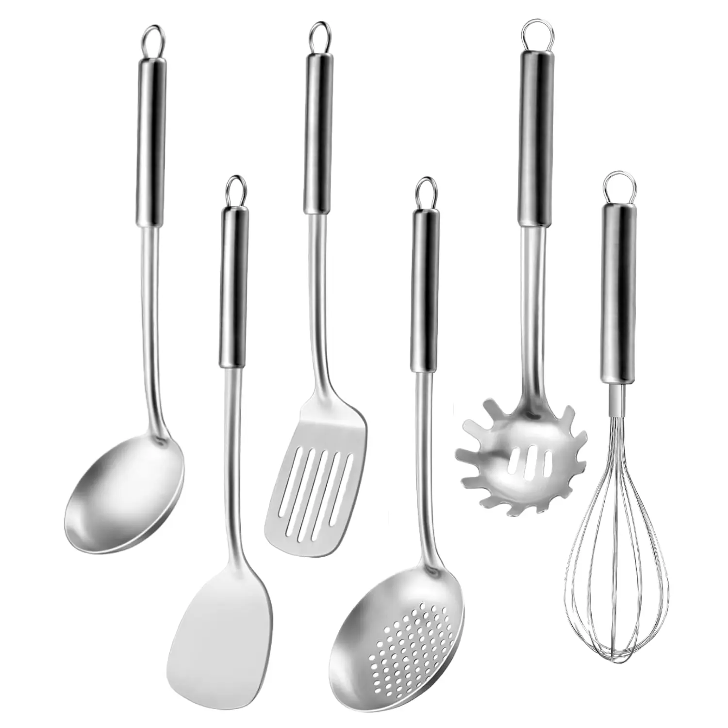 6 Pack Stainless Steel Kitchen Utensils Set, Metal Cooking Utensils Set, Heat Resistant Cooking Spatula Spoon Set, Include Soup Ladle, Slotted Spoon, Spatula, Slotted Turner, Whisk, Pasta Server