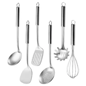 6 Pack Stainless Steel Kitchen Utensils Set, Metal Cooking Utensils Set, Heat Resistant Cooking Spatula Spoon Set, Include Soup Ladle, Slotted Spoon, Spatula, Slotted Turner, Whisk, Pasta Server