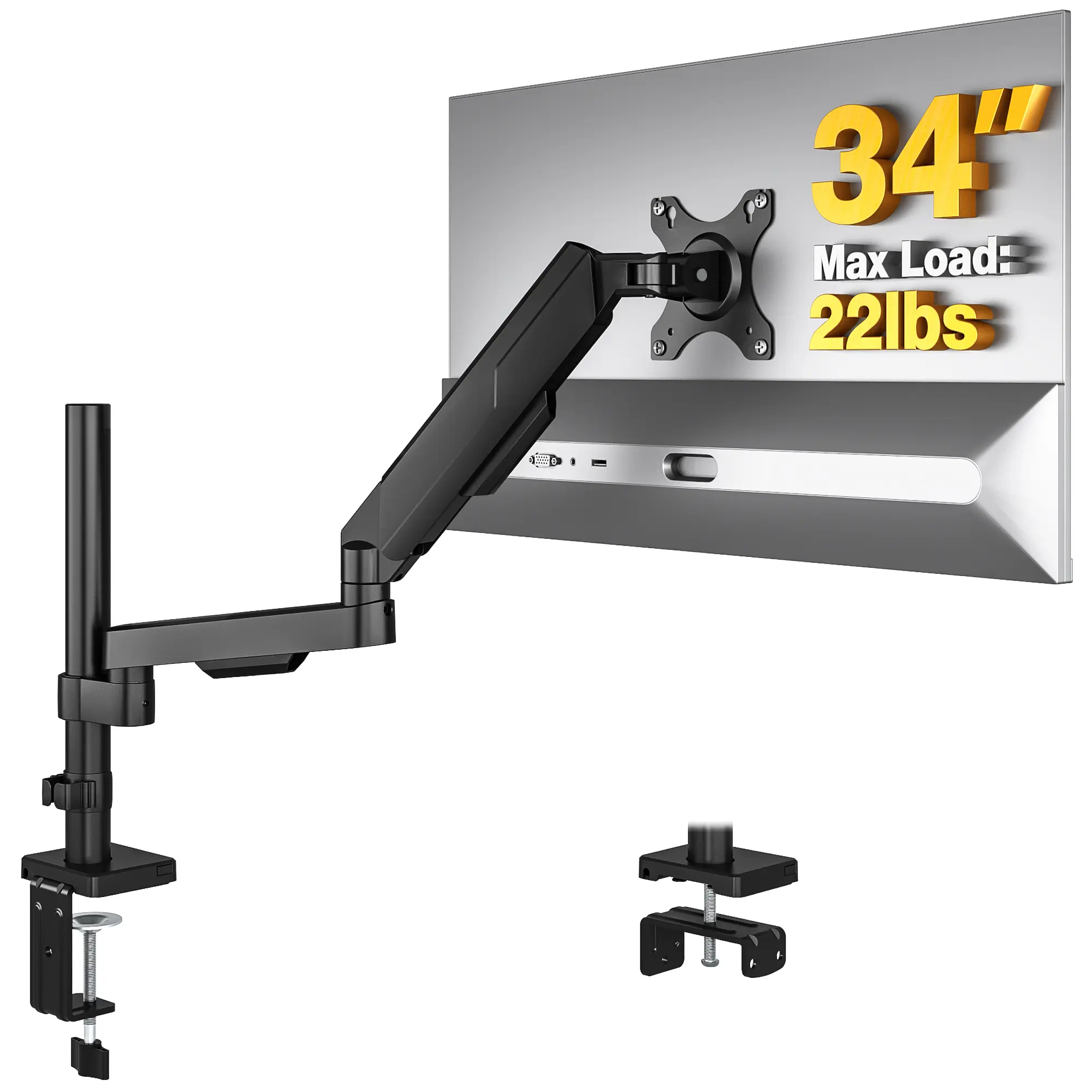 Single Gas Spring Monitor Desk Mount, Fits 17-34 Inch Flat Curved Screen, Max 22lbs Load, C-Clamp & Grommet 2 Installation Options, Full Motion Adjustable Monitor Arm with Cable Management for Office Gaming