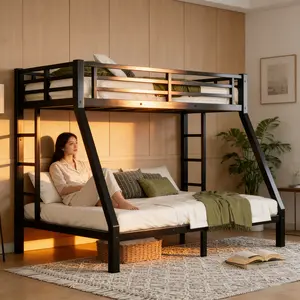 Twin XL Over Queen Metal Bunk Bed, Heavy-Duty Bunk Bed Frame with Dual Side Ladders, Safety Guardrails & 9.4 Inch Underbed Storage, Noise-Free Sturdy Bed Frame for Kids Teens Adults Bedroom Dorm