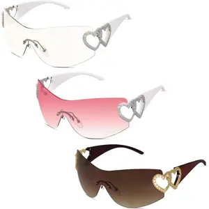3 Pairs Y2K Wrap Around Rimless Sunglasses Trendy Shield  Heart 2000S Fashion Frameless Sun Glasses for Women
