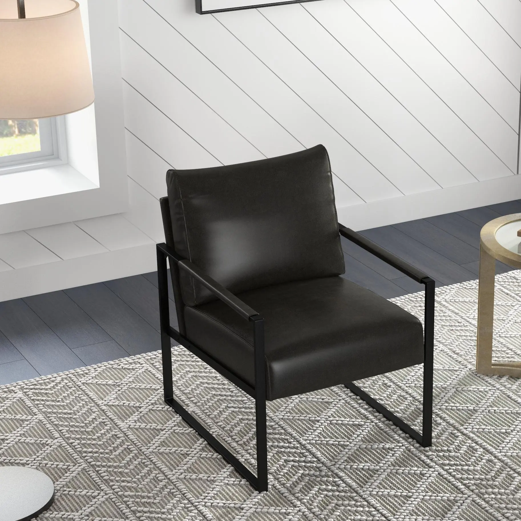 EBELLO Single-Person PU Leather Reading Chair - Minimalist Contemporary Metal-Framed Armchair with High-Density Foam Soft Cushion, Ergonomic Slant Back, Adjustable Seat for Living Room, Office, Comfy Reading Chair