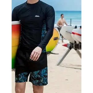 Quick-drying Skinny Fit Men's Swimsuit - Leaf Pattern Long Sleeve T-shirt And Shorts - Highly Stretch Wetsuit For Diving Snorkeling