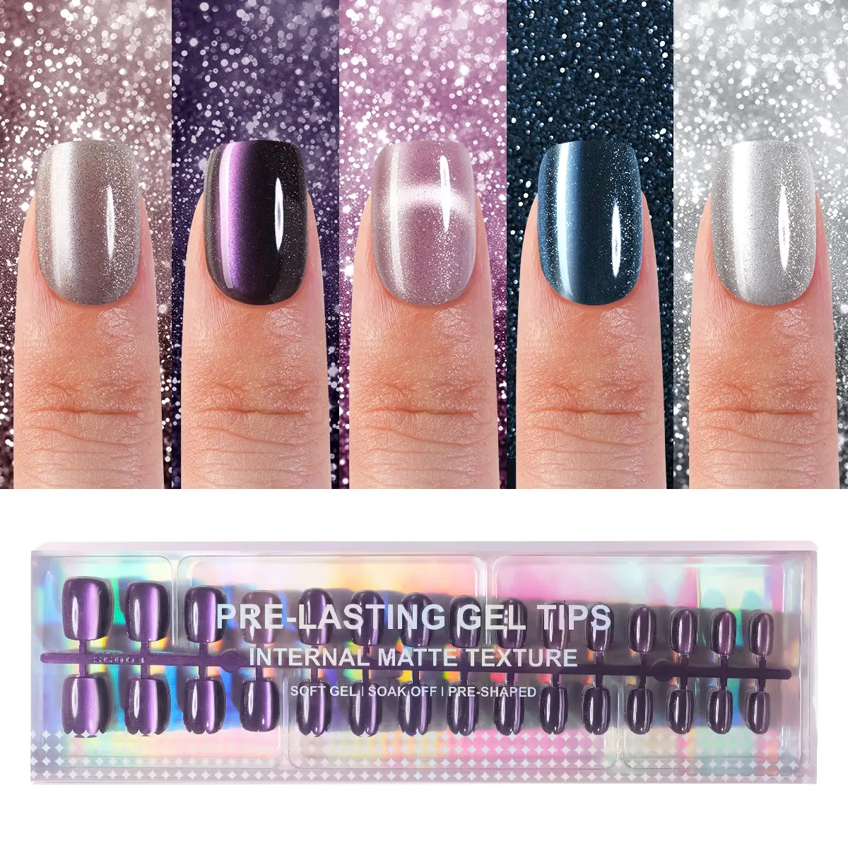150pcs acrylic short square cat-eye push-on false nails, 5 colors of fashionable cat-eye design false nails set, suitable for women and girls, nail salons to use false nail decoration, Matte Metallic Glitter, Glittering Fake Nails