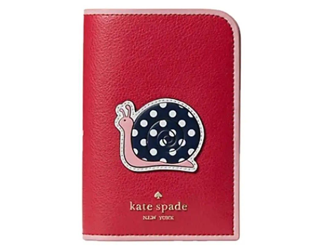 Kate Spade Women's Whimsical Snail-Shaped Leather Passport Wallet, Red Multi-Compartment Travel Case with Zipper, Cute