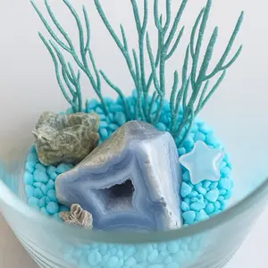 Crystal Terrarium with Blue Sand, Purple Gems, Decorative Stones, and Cactus Coir, Versatile Home Decor Item