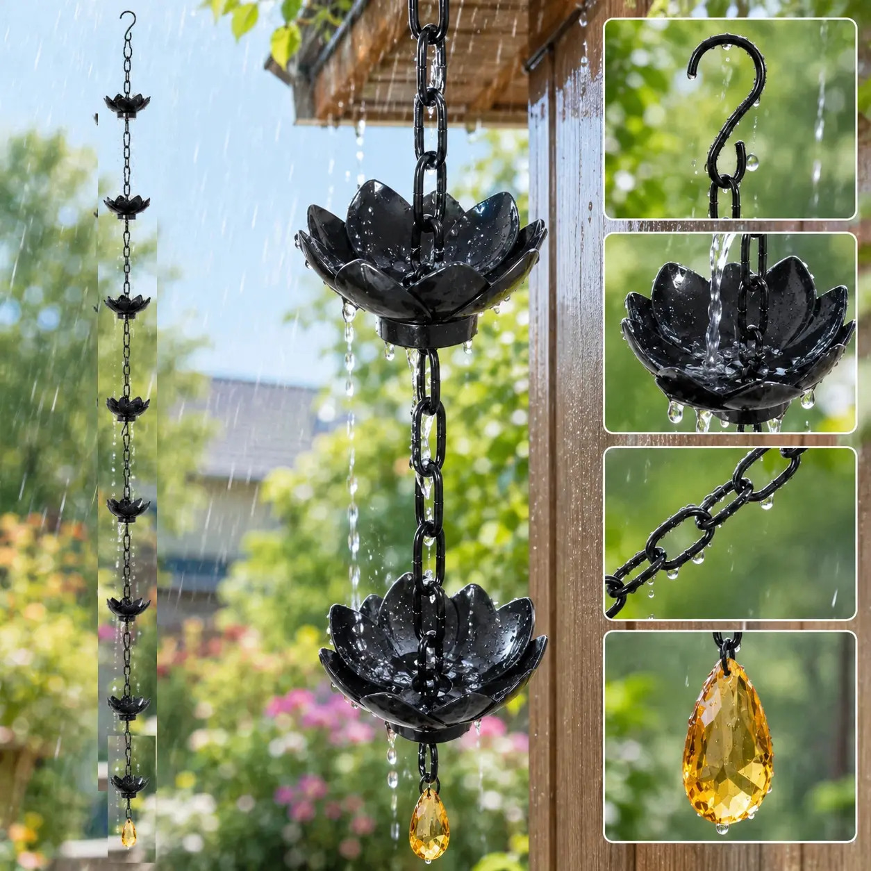 Heavy-Duty 8-Petal Iron Lotus Rain Chain, 6.3ft Black Outdoor Eaves Trough Drainage Chain for Home Improvement, Garden Decor