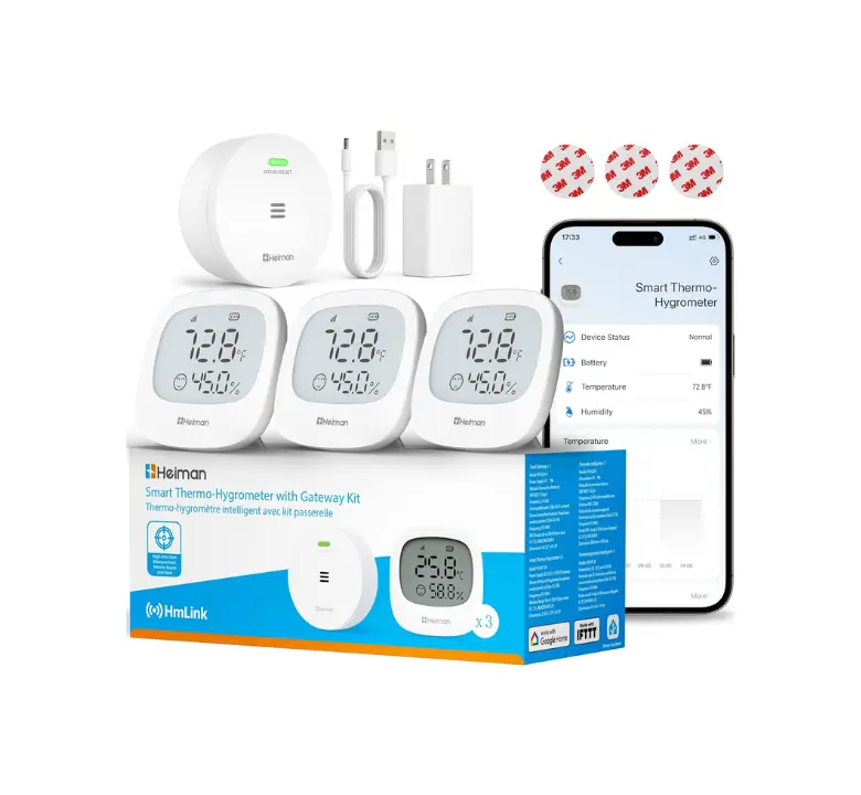 Heiman WiFi Thermometer Hygrometer 3 Pack with Gateway, Digital Mini Sensor Temperature Humidity Monitor App Alerts Home Alarm