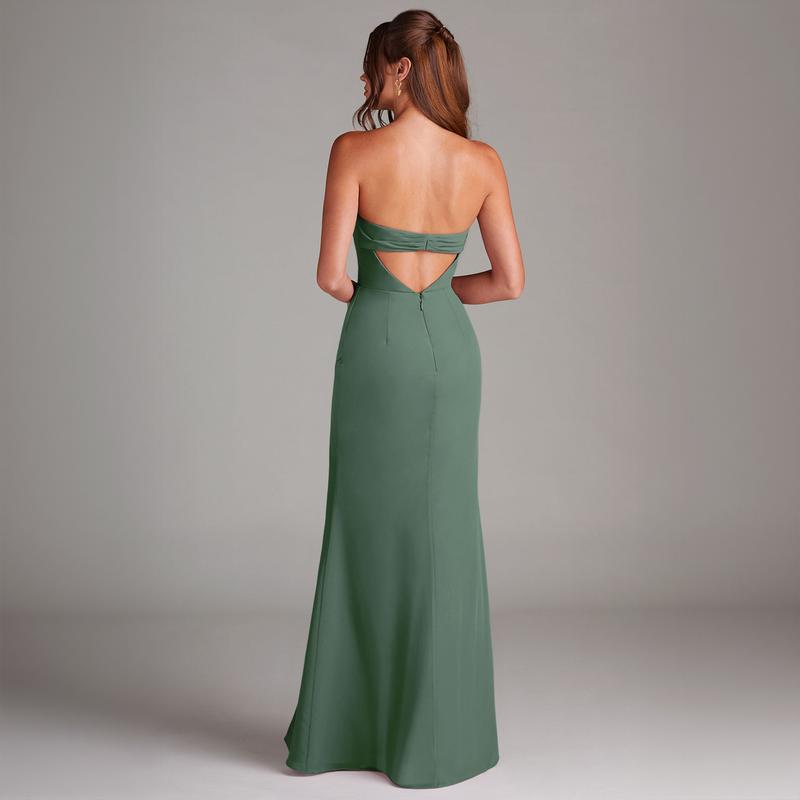 Azazie Leonis Strapless Cowl Pleated Slit Sheath Bridesmaid Wedding Ceremony Chiffon Dress