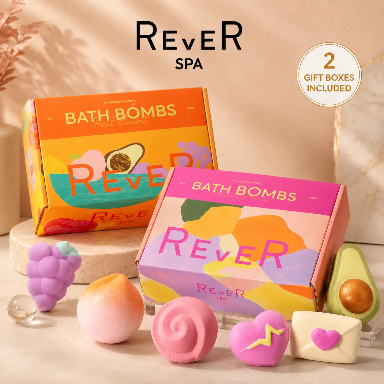 REVER SPA Bath Bomb Gift Set, Romantic Love Letter & Fruit Spa Collection, 2 Luxury Aromatherapy Bath Bomb Boxes, Self Care Gift for Women