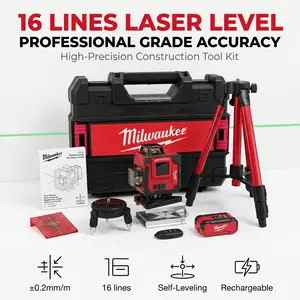 Milwaukee 16 Line Cross Laser Level Kit With Battery 2026 Magnetic Base Self Leveling Tool For Construction Layout Precision Alignment