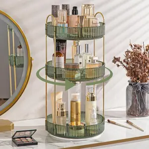 360 Rotating Makeup Organizer for Vanity, 3 Tier Large Capacity Skincare Perfume Storage Rack, Countertop Cosmetics Swivel Dresser Tray, Aesthetic Bathroom Makeup Organizers and Storage Unit with Premium Metal Pole Solid Sturdy Construction