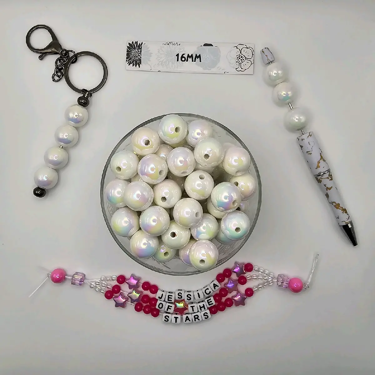 16mm 20/PK UV AB White Color beads,  chenming,  fits on pen and keychain
