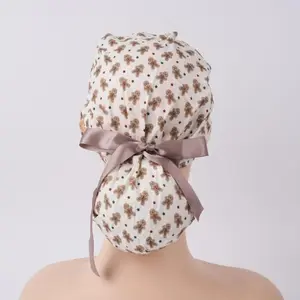 Christmas Ponytail Scrub Cap: Buttons & Sweatband, Brown Ribbon Ties, Winter Holiday Gifts