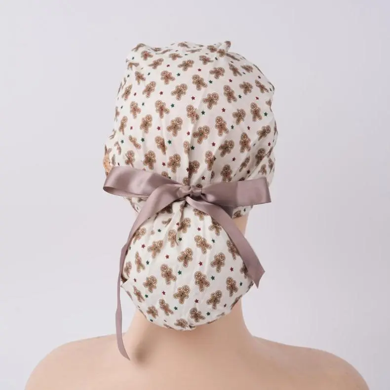 Christmas Ponytail Scrub Cap: Buttons & Sweatband, Brown Ribbon Ties, Winter Holiday Gifts